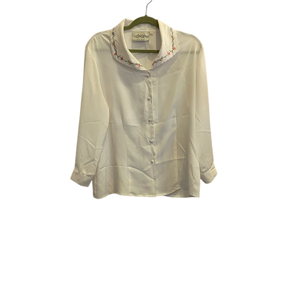 Susan Bristol Vintage Women’s Cottagecore Cream Floral Embroidered Blouse Sz 12